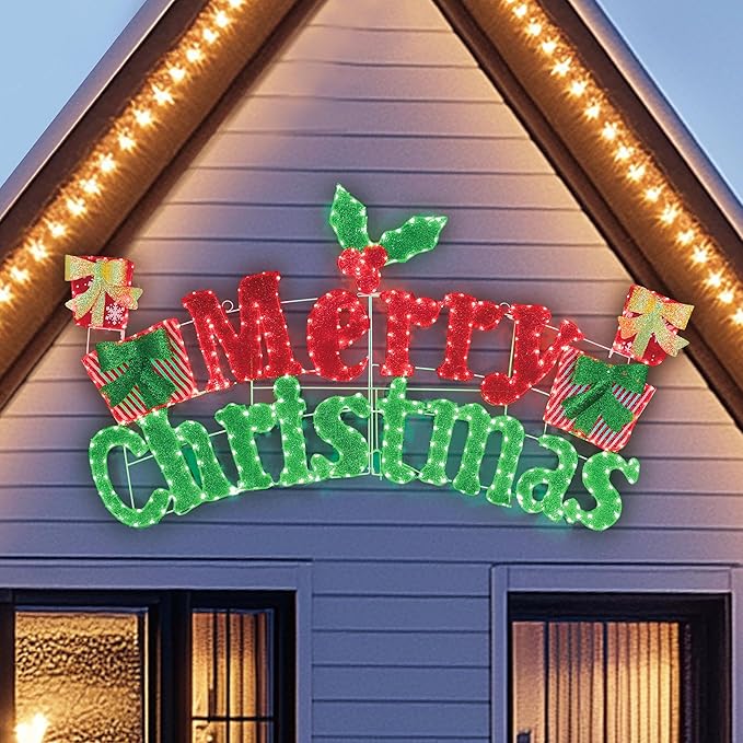 BlueWish 6FT Merry Christmas Sign, Pre-Lit Christmas Sign with 456 LED Lights, 2-in-1 Hanging or Freestanding Holiday Greeting Light for Indoor and Outdoor