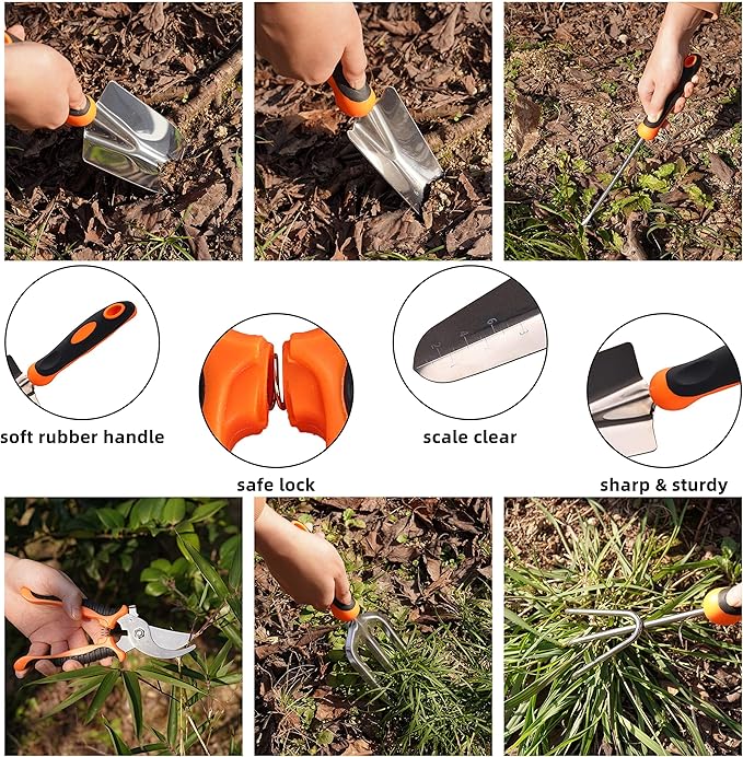 Elevon Gardening Tool Set, Stainless Steel Heavy Duty Gardening Kit with Ergonomic Handles, Durable Gardening Bag, Ideal Gardening Tool Set - Suitable for Men and Women (Orange, 7Piece)