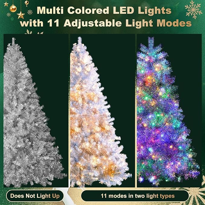 7.4FT Silver Pre-Lit Artificial Christmas Tree with Lights, Hinged Full Xmas Tree with 1200 Branch Tips & 400 Multi-Color LED Lights, 11 Lighting Modes, Metal Stand, Indoor Outdoor Decorations