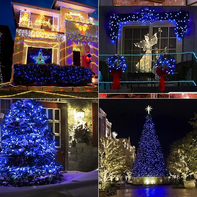 WATERGLIDE C6 Christmas Lights, 33ft 100 LED Faceted String Lights Green Wire Fairy Lights with 29V Safe Adaptor, 8 Lighting Mode, Waterproof for Indoor Outdoor Patio Xmas Tree Party Decor, Blue