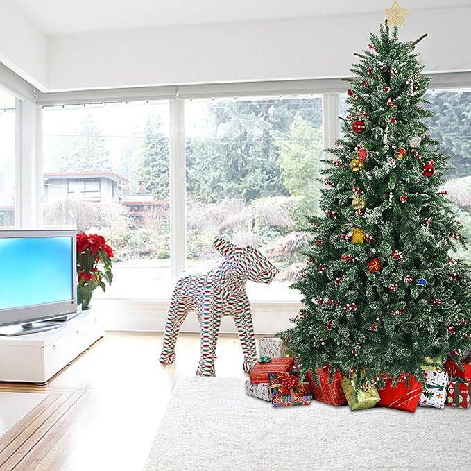 7ft Artificial Snow Flocked Christmas Pine Tree Holiday Faux-Pine Xmas Tree Decoration with 1390 Tips