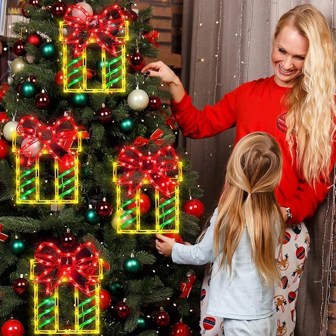 16" Christmas Window Silhouette Lights Decorations - 4 Pack Christmas Lighted Gift Boxes- Used for Holiday Christmas Trees, Wall, Fireplaces, Interior and Exterior Door and Window Decorations