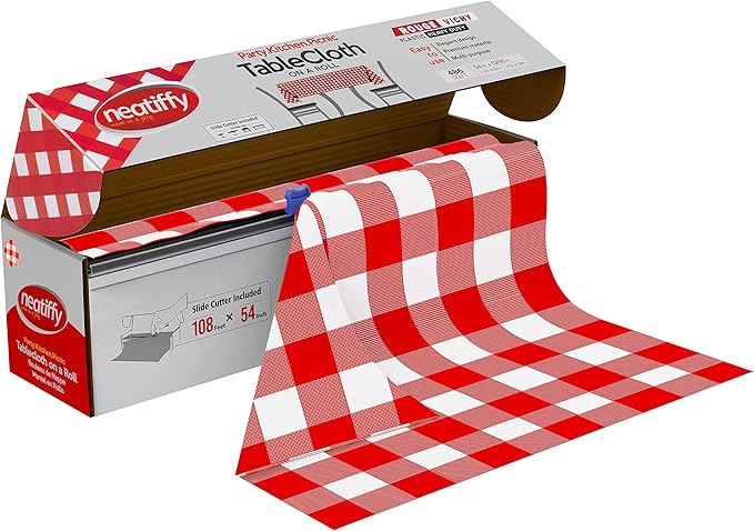 Neatiffy Disposable Plastic Table Cloth Roll | 54 in x 108 Ft Waterproof Tablecloth | Table Cover for Rectangle, Square, Round Oval Tables | Picnic, Party, Banquet, Birthdays, Weddings, Red Checkered