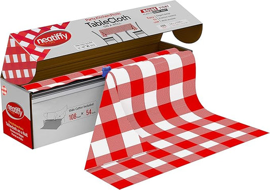 Neatiffy Disposable Plastic Table Cloth Roll | 54 in x 108 Ft Waterproof Tablecloth | Table Cover for Rectangle, Square, Round Oval Tables | Picnic, Party, Banquet, Birthdays, Weddings, Red Checkered