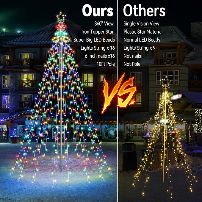 Lomotech Christmas Tree Lights - 10Ft 404 LED with 7.08" Topper, Remote Controll Waterproof Iron Pole Waterfall Lights for Outdoor Christmas Decorations (Multicolor)