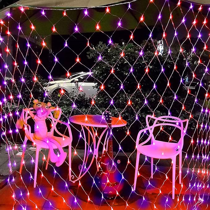 Dazzle Bright Halloween 200 LED Net Lights, 9.8 FT x 6.6 FT Connectable Mesh Lights Clear Wire with 8 Lighting Modes, Halloween Decorations for Indoor Outdoor Bush Yard Garden Decor (Purple & Orange)