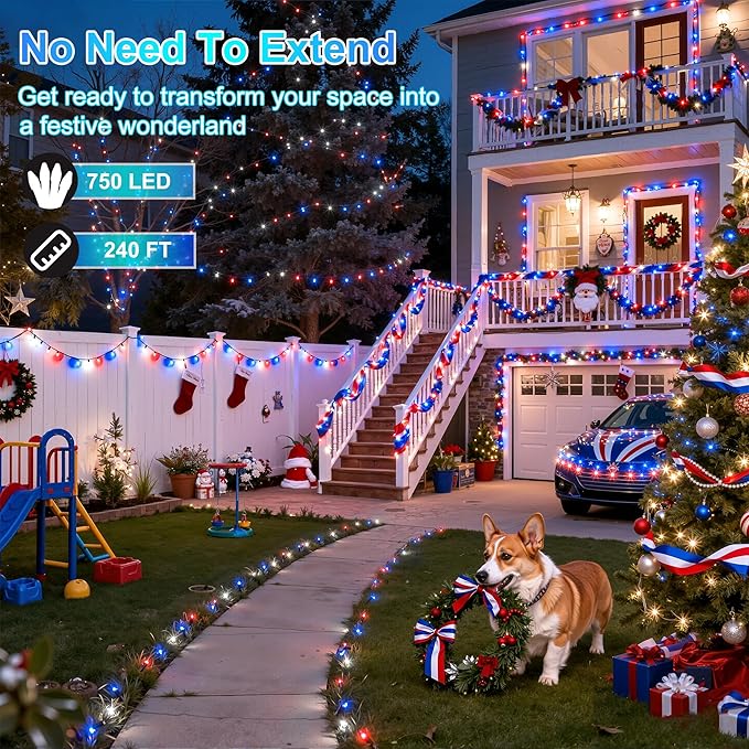 750LED Christmas Lights Outdoor Use, 240ft 12 Modes Red Blue and White LED String Lights with Timer Dimmable, Waterproof Christmas Tree Lights for Xmas Patio Yard Fence Balcony Garden Decor
