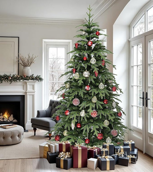 DWVO 7.5ft Pre-lit Artificial Christmas Tree with 2199 Mixed PE & PVC Branch Tips and 400 Lights, Green Christmas Tree, Fit for Home, Office, and Party Decoration