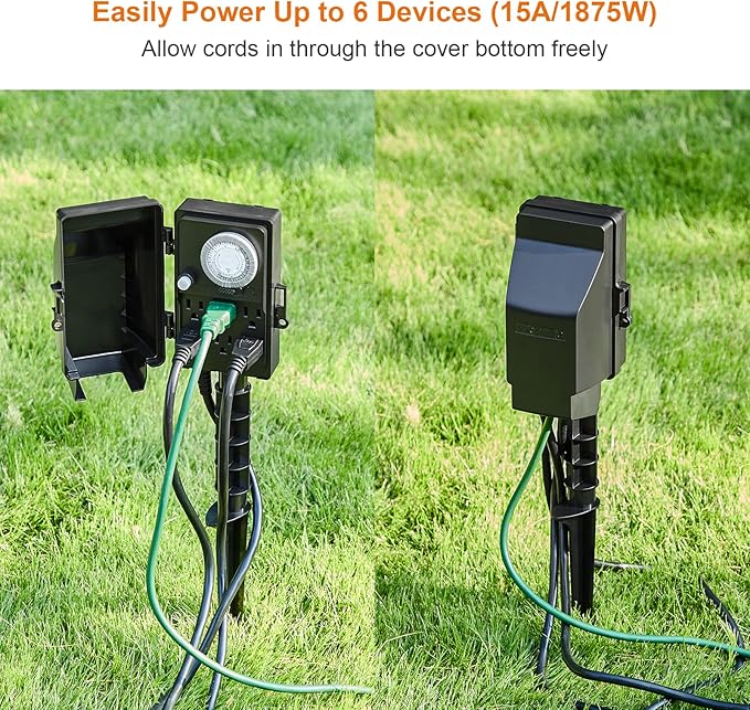 SURAIELEC Outdoor Power Stake Timer, 24-Hour Mechanical Light Timer, Electrical Power Strip Weatherproof, 6FT Extension Cord Multiple Outlet Plug for Patio Lights, Halloween Decorations, ETL Listed