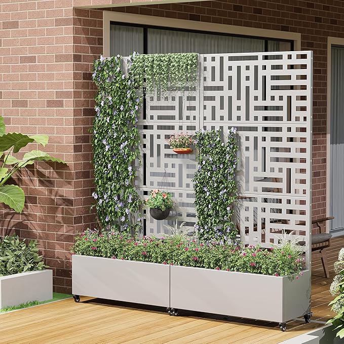 Casaphoria Metal Raised Garden Bed with Trellis and Wheels, 72"x35"x16" Planter Box for Climbing Plants, Vegetables & Vines, Features Drainage Holes and Privacy Screen (Grey-Helen)