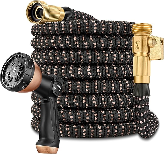 100ft Garden Hose – 2025 Upgarded Expandable Garden Hose w/10 Pattern Thumb Spray Nozzle, 650psi Pure Brass 3/4” Fittings – Lightweight, Durable, and Kink-Free(Black Rose Gold)