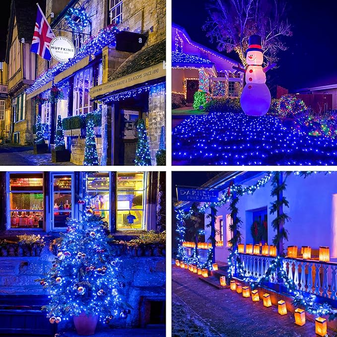 JMEXSUSS 250 LED Blue Halloween Lights: 91.5ft Extendable Green Wire Blue Christmas Lights Indoor Outdoor Waterproof with 8 Modes for Christmas Tree, Garden, Patio, Party, Holiday Decorations