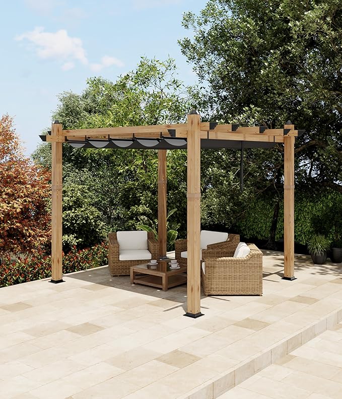 Garvee 10x10 Ft Aluminum Pergola Outdoor Pergola with Retractable Canopy Wood-Grain Sun Shade Shelter for Garden Patio Backyar Deck(Gray)