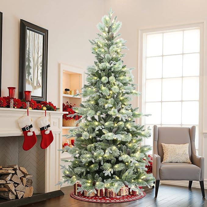 LuxenHome 7.5FT Prelit Christmas Tree with Lights, 10 Lighting Mode Flocked Artificial Christmas Tree with Pine Cone, 2350 LED Lights, 1368 PE+PVC Branch Tips, Prelit Pine Tree Holiday Décor