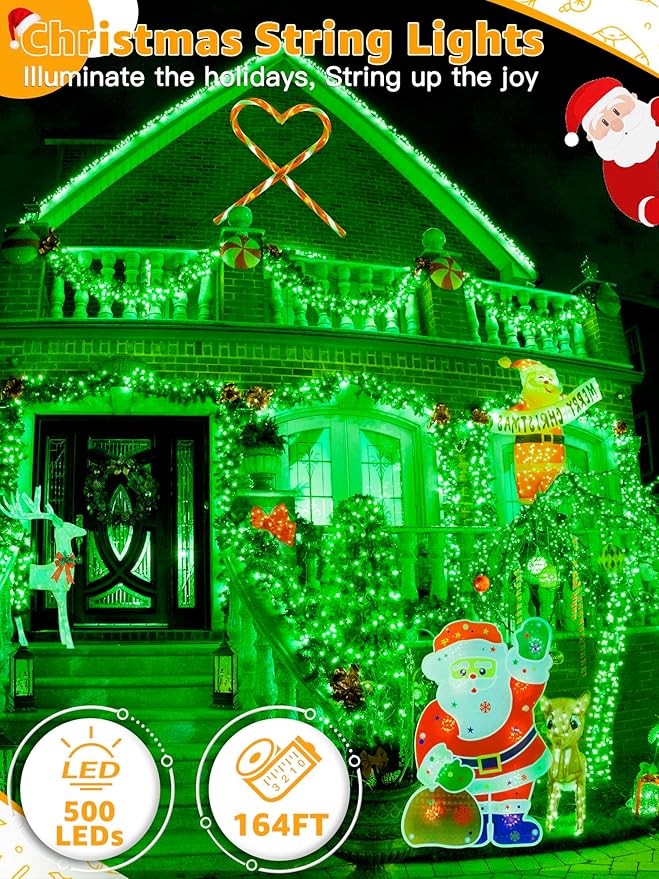 500 LED 164 FT Christmas Lights, Waterproof Outdoor String Lights with Remote and Timer, Christmas Tree Lights with 8 Modes Dimmable, Fairy Lights for Holiday Decor (Green)