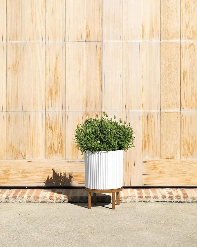 Veradek Demi Series Round Planter w/Stand for Porch/Patio | Durable Plastic-Stone Composite & Wooden Stand | Modern Décor for Tall Plants, Flowers