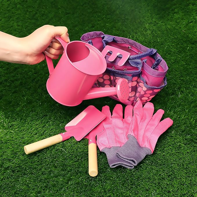 Kids Gardening Tools Set, Toddler Play Kit Child Outdoor Toy with Gloves, Watering Can, Metal Shovel, Rake, Spade & Storage Bag, Backyard Sand Digging Birthday for Boys Girls 3-5 (Pink)