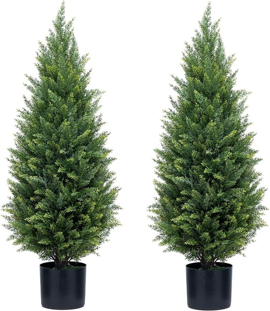 3ft Artificial Topiary Trees Artificial Cedar Trees UV Resistant Bushes Potted Set of 2 Faux Shrubs for Outdoor Indoor Front Porch Garden