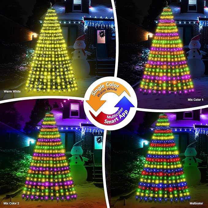 30+ Modes Ring Christmas Tree Lights Indoor Outdoor - 7.05Ft x 12 Lines 312 LED Easy App Control Color Changing Timer Remote Waterproof for 6 7 Ft Xmas Trees (Warm White to Multicolor)