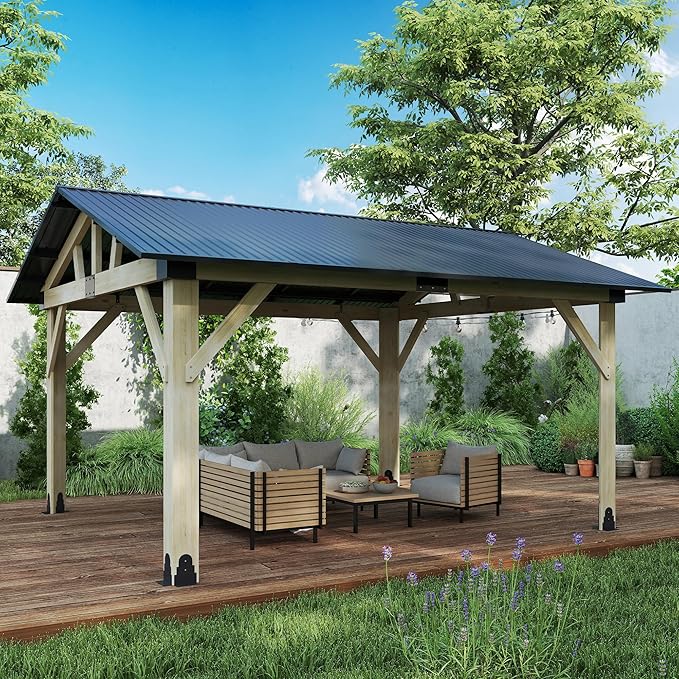 Wood Gazebo 12'x14', Cedar Wooden Gazebos, Outdoor Hardtop Gazebo with Waterproof Steel Roof, Fit Patio, Backyard, Garden, Lawns, Porch