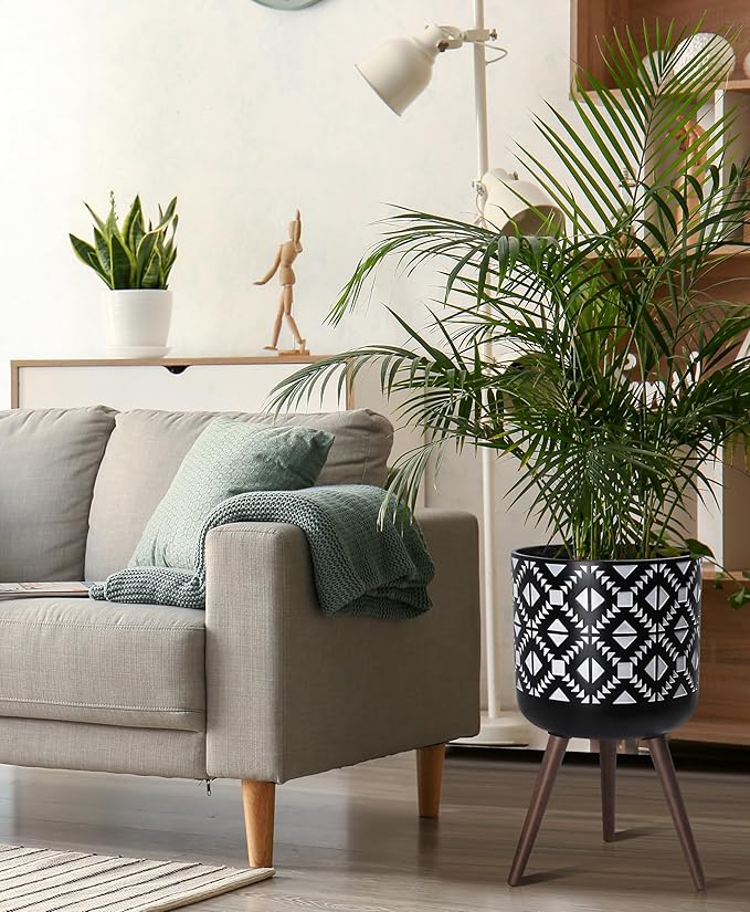 D'vine Dev 14 Inch Planter Pot with Stand, Mid-Century Tall Plant Pot with Legs for Indoor Plants, White/Black, 88-G-D-4