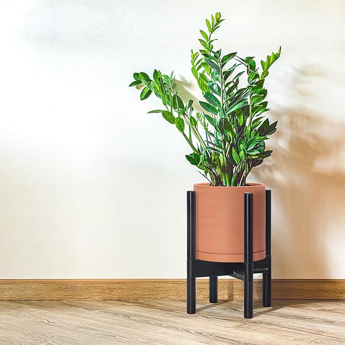 D'vine Dev Terracotta Planter with Ebony Stand - 8 Inch Modern Round Flower Pot with Wood Planter Holder, Terracotta, 55-B-M-5