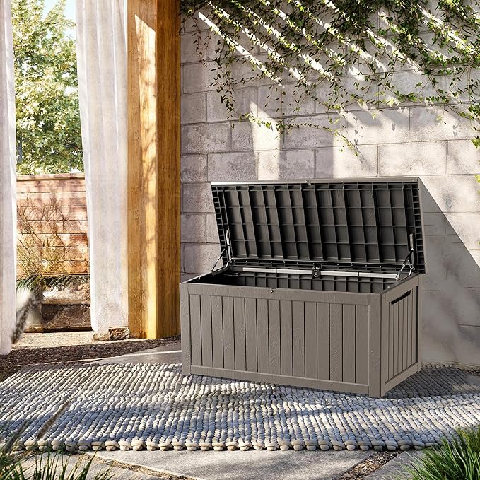 TARKARI 270 Gallon Lockable Resin Deck Box, Waterproof & UV-Resistant Outdoor Storage Box for Outdoor Cushion Storage, Garden Tools & Pool Accessories Storage, Gray