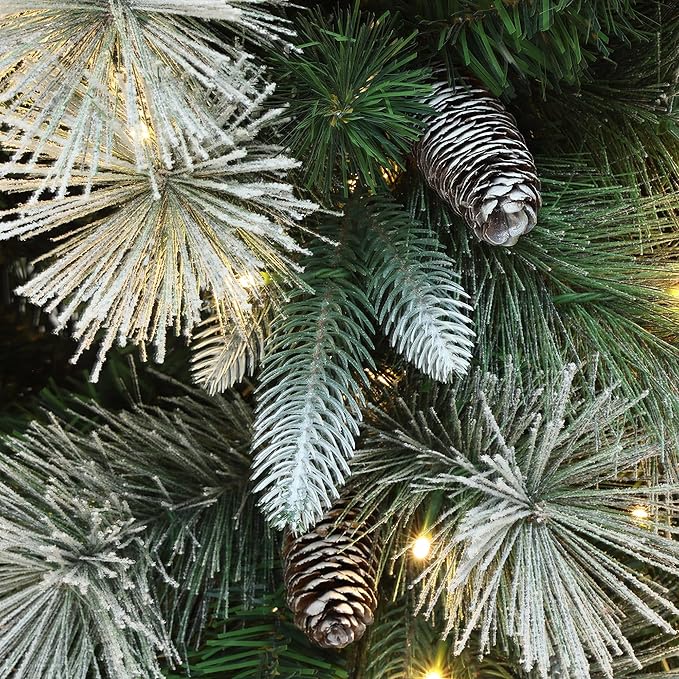 LuxenHome 6FT Christmas Tree with Lights, Full Flocked Artificial Christmas Tree with 350 LED Lights and Pinecone, and Snow Flocked Branches, Prelit Pine Tree for Indoor, Outdoor Holiday Décor