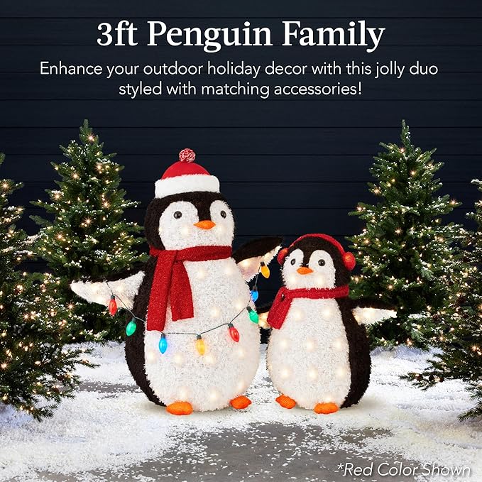 Best Choice Products 2-Piece Lighted Penguin Family, 3ft Pop-Up Outdoor Christmas Holiday Decoration w/ 150 LED Lights, Multicolored Lights - Blue