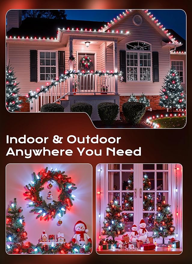 C9 Outdoor Christmas Lights, 72 FT 110 LED C9 String Lights, 8 Modes & Timer Extendable Waterproof for Christmas Tree Indoor Outdoor Roofline Patio Outside Garden Yard Holiday Xmas Decor, Red White