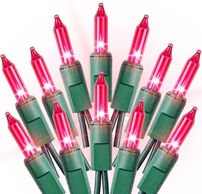 Christmas Lights Indoor Outdoor 100 Count Incandescent Light UL Certified Connectable Christmas Tree Lights with Green Wires for Xmas, Wedding, Holiday, Party, Home, Valentines Day Decoration(Pink)