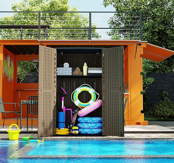 HOMSPARK Storage Shed Weather Resistance, Multi-Purpose Outdoor Storage Cabinet for Backyards and Patios, Horizontal Storage Shed for Lawnmower, Patio Accessories (Coffee, Tall - 53 cu.ft)