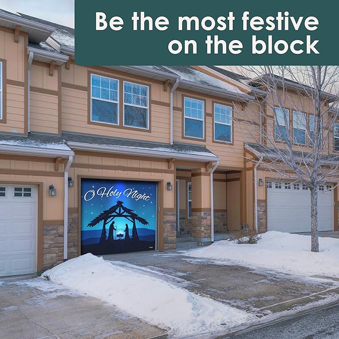 7' x 8' Peaceful O Holy Night Nativity Garage Door Banner - Designed to Move with Door | Sacred Christmas Single Garage Door Decoration