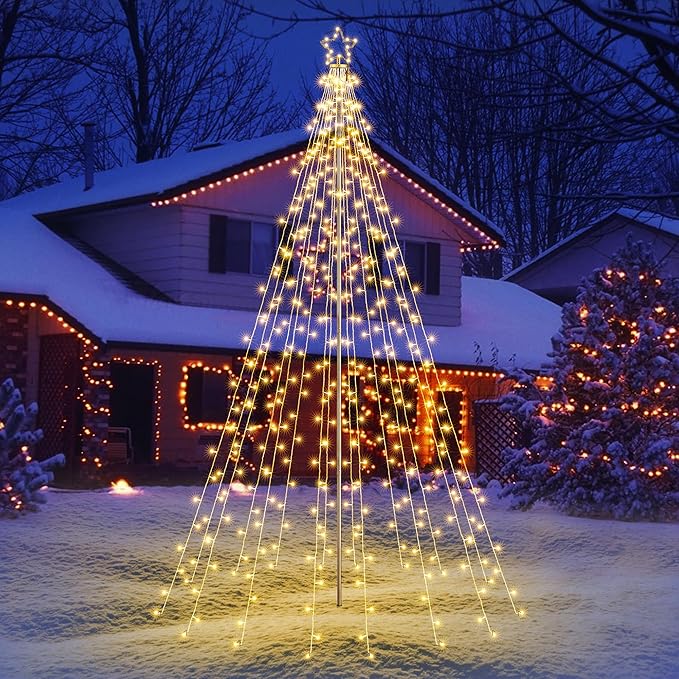 Lomotech Christmas Tree Lights - 10Ft 404 LED with 7.08" Topper, Remote Controll Waterproof Iron Pole Waterfall Lights for Outdoor Christmas Decorations (Warm White)