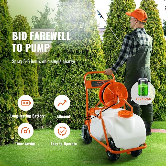 VEVOR Battery Powered 15 Gallon Garden Weed Sprayer with Wheeled Cart, 126FT Hose with Reel, 8 Nozzles, 2 Wands with Lock Trigger, 0-90PSI, 5-6h Spray Time, Wide Mouth Lid, Rotating Wheels with Brake