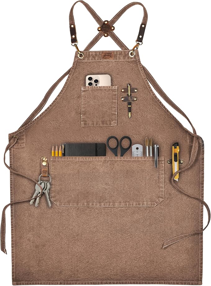 LEATHER VILLAGE Chef Aprons for Men Women with Large Pockets, Cotton Canvas Cross Back Adjustable Work Apron, Size M to XXL
