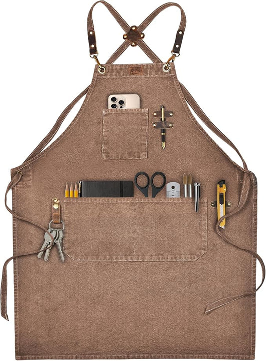LEATHER VILLAGE Chef Aprons for Men Women with Large Pockets, Cotton Canvas Cross Back Adjustable Work Apron, Size M to XXL