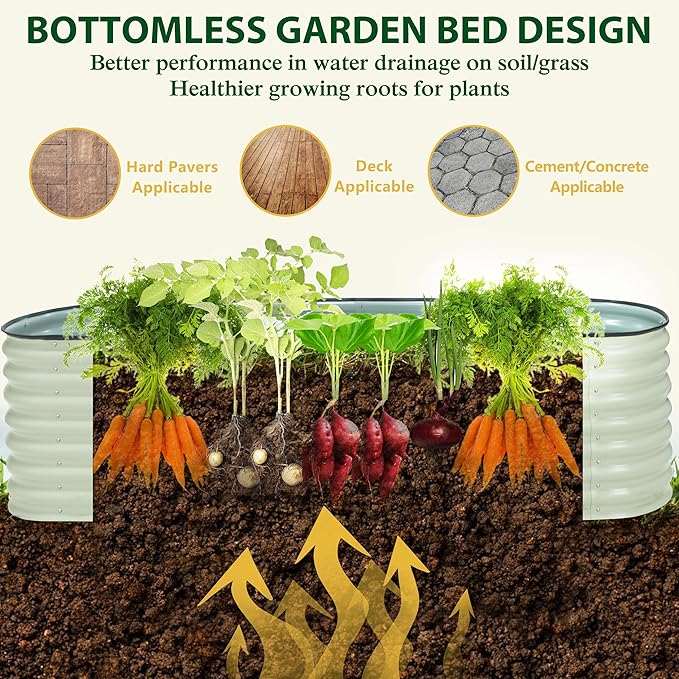 MUPATER Galvanized Raised Garden Bed 8x2x2ft, 9-in-1 Metal Raised Planter Box with 2 Aluminum Support Rods, Oval Outdoor Raised Garden Bed for Vegetable, Flower, Backyard and Patio, Cream White