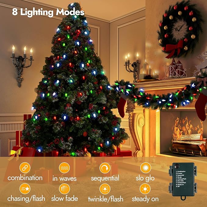 WBao C6 Battery Operated Christmas String Lights, 60 LED 20ft with 8 Modes, Auto Timer, Waterproof for Indoor Outdoor Christmas Trees, Fence, Stairs Xmas Decorations, Red Green White