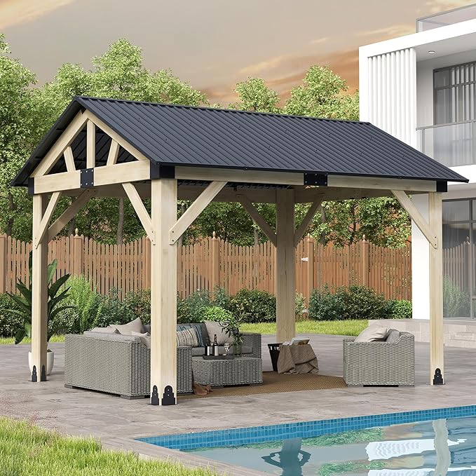 Wood Gazebo 10'x12', Cedar Wooden Gazebos, Outdoor Hardtop Gazebo with Waterproof Steel Roof, Fit Patio, Backyard, Garden, Lawns, Porch