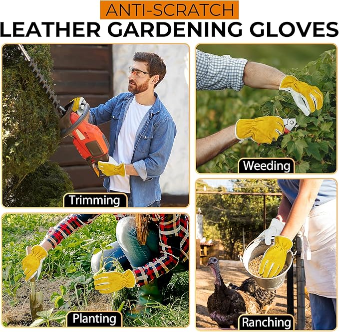 HANDLANDY Men Leather Gardening Gloves, Utility Work Gloves for Mechanics, Construction, Driver