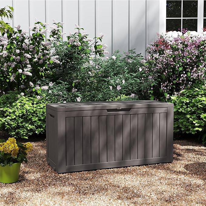 80 Gallon Coffee Resin Deck Box - Rustic Outdoor Storage for Garden Tools, Patio Essentials & Package Delivery - Weatherproof, Lockable for Farmhouse Decks