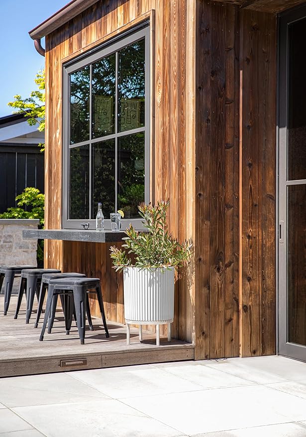 Veradek Demi Series Round Planter w/Stand for Porch/Patio | Durable Plastic-Stone Composite & Wooden Stand | Modern Décor for Tall Plants, Flowers