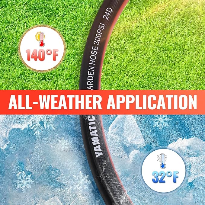 YAMATIC Garden Hose 25ft x 5/8in, Durable Water Hose with 10 Function Hose Nozzle, Swivel Handle, Kinkless, Leakproof, 3/4" Solid Brass Connections for Backyard Lawn Car Wash