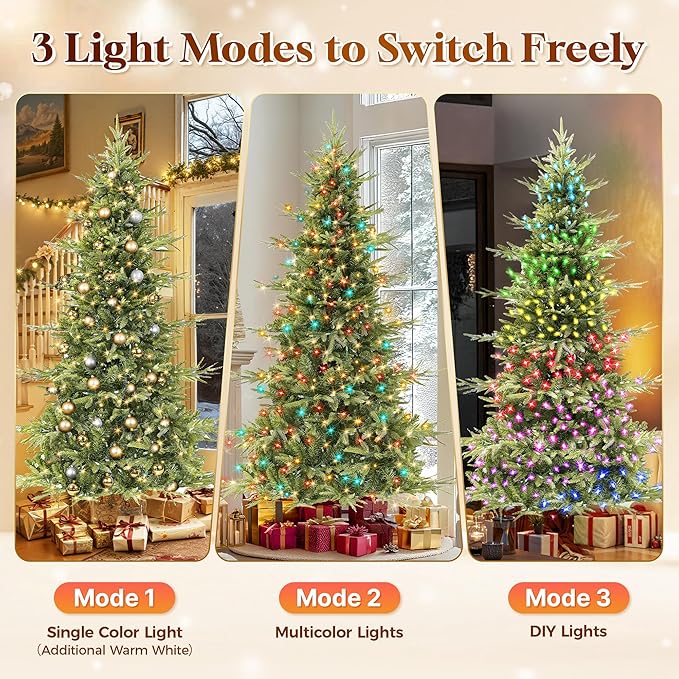 HOLLO STAR 7.5 ft Prelit Pencil Christmas Tree with 400 LED Lights, App Control, Aspen Artificial Christmas Tree, Multi-Color RGBW Lights, 1639 PE & PVC Branch Tips, Skinny Xmas Tree, for Home, Party