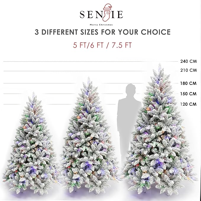 Pre-Lit Christmas Tree Artificial Snow Flocked Pine Tree Warm-White & Multicolored Lights, 8 Mode Functions,Metal Base,Home, Party Decoration 6FT