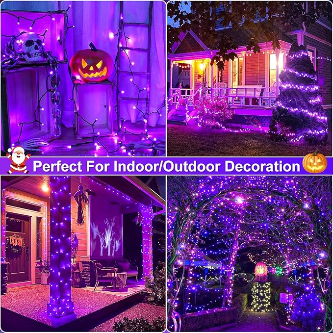 Purple Halloween Lights, 66FT 200 LED Halloween Lights Outdoor with 8 Modes Waterproof, Connectable String Light Indoor Green Wire for Tree Garden Patio Party Holiday Decorations