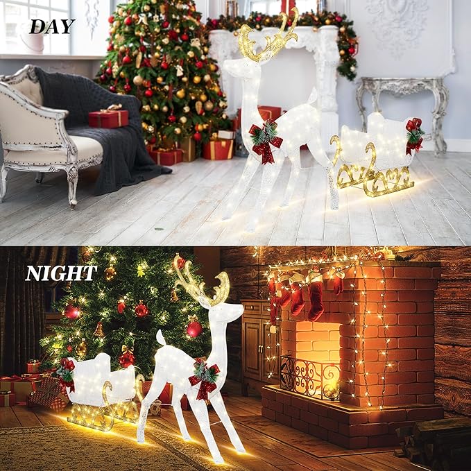 Vongrasig 4FT Lighted Christmas Reindeer & Sleigh Outdoor Yard Decoration Set W/ 205 LED Lights & 8 Ground Stakes, Zip Ties, Artificial Xmas Lighted Holiday Decor for Indoor and Outdoor(White)