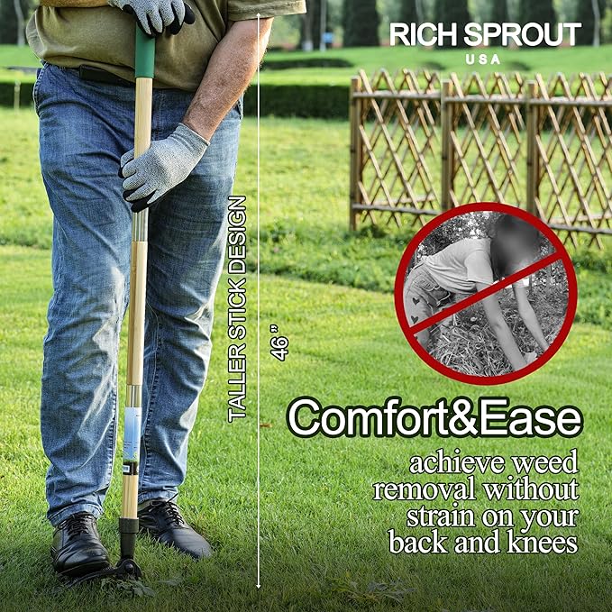 Stand Up Weed Puller Tool, Heavy Duty Weed Remover Tool with Long Handle, 3-Section Real Bamboo Construction - 4 Claw Steel Head Weeder Tool, Eco-Friendly Handle, No More Bendin