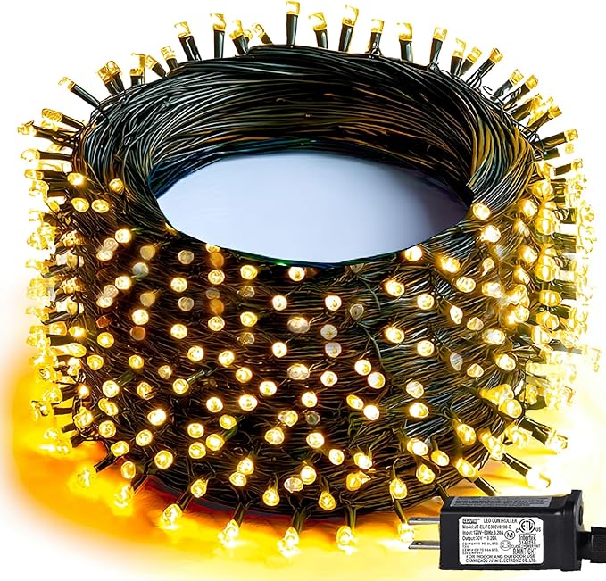 Dazzle Bright Christmas String Lights, 600 LED 196 FT Waterproof Green Wire String Lights with 8 Lighting Modes Timer, Christmas Decorations Outdoor for Party Yard Garden Xmas Tree Decor, Warm White